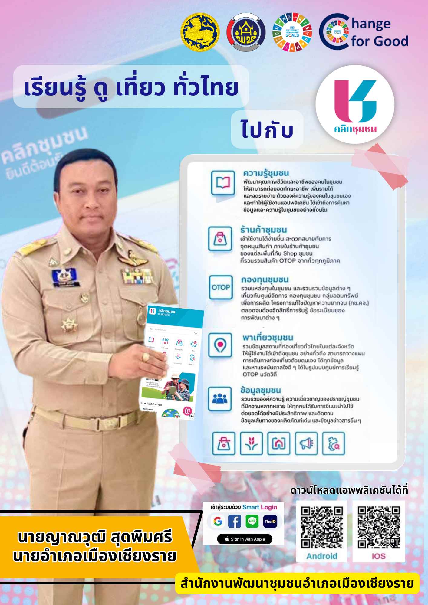 พช.เมืองเชียงราย เชิญชวนกลุ่มองค์กรเครือข่ายพัฒนาชุมชน ดาวโหลดแอพลิเคชั่น Click ชุมชน "เรียนรู้ ดู เที่ยว ทั่วไทย ไปกับ "Click ชุมชน"