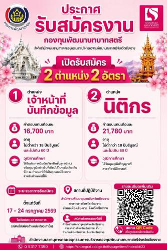 พช.เชียงราย เปิดรับสมัครงานกองทุนพัฒนาบทบาทสตรี ๒ ตำแหน่ง ๒ อัตรา